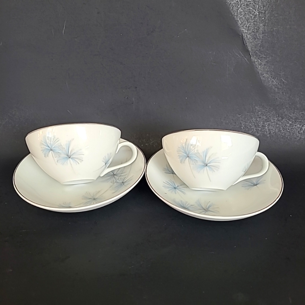 Fine China Star Dust Teacup and Saucer Set of 2 Japan White Blue Flowers